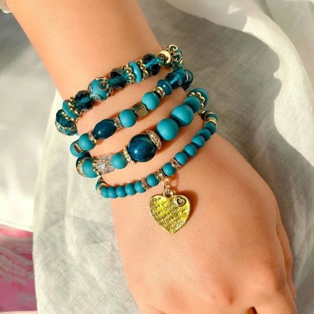 Turquoise Bohemian Glass Charms Bracelet Stretchable Boho Style Blue Jewelry - Picture 4 of 7